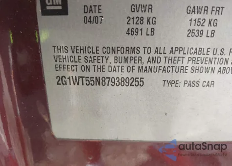 2007 Chevrolet Impala Lt из США, поврежденный, VIN 2G1WT55N879389255